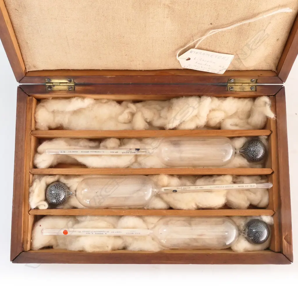 BRASS BAUME ZEAL HYDROMETER (L. 255mm) & THREE GLASS HYDROMETERS (BOXED) Image 1++